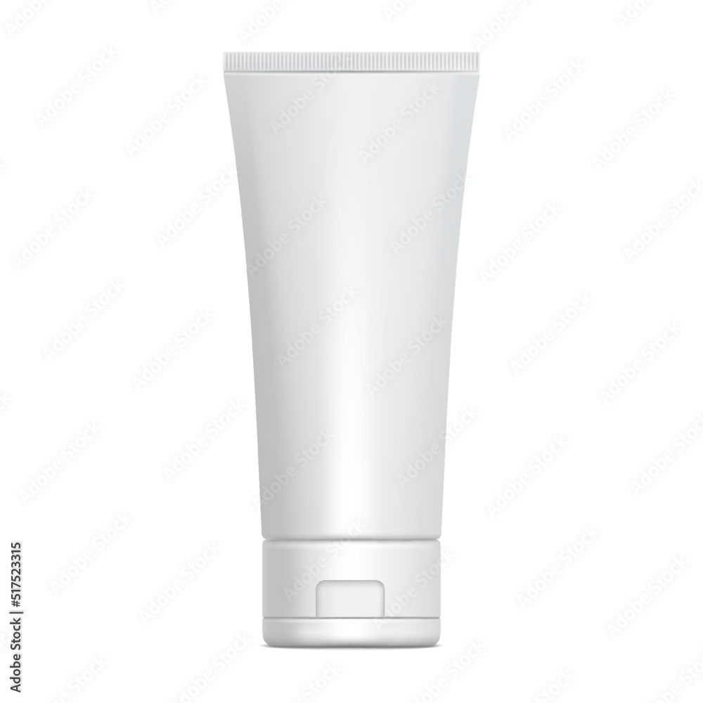 White glossy plastic tube for medicine or cosmetics - cream, gel, skin care, toothpaste. 3d Realistic packaging mockup template. Side view. Vector illustration.