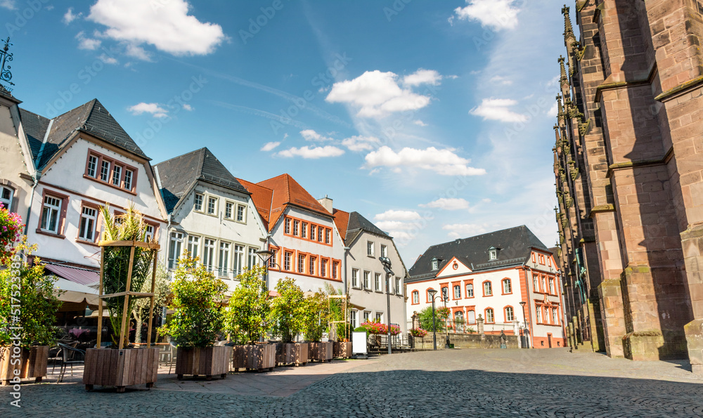Stadt St. Wendel, Saarland, Deutschland – Historische Häuser am Fruchtmarkt mit Wendalinusbasilika Dom im Sommer