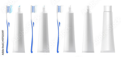 Toothbrush, toothpaste tube isolated on white background. Template mock up. Dental cleaning tools. Oral care and hygiene products. Realistic 3d Vector illustration.