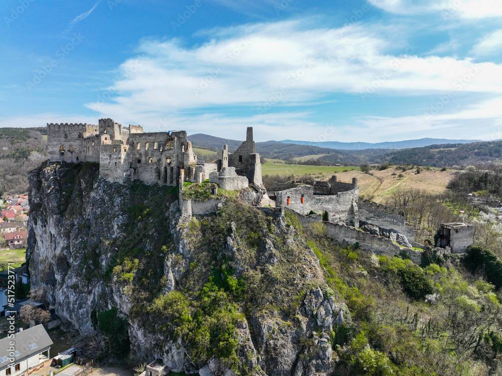 Obraz premium Aerial view of Beckov Castle in the village of Beckov in Slovakia