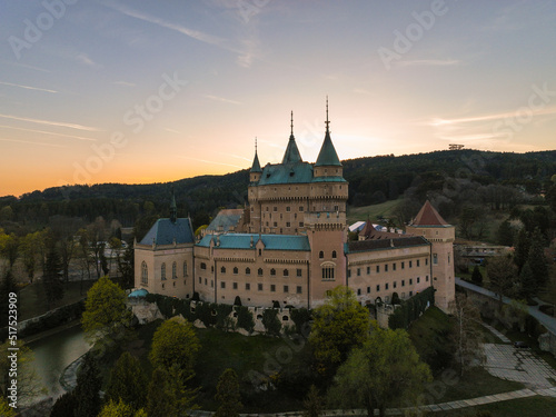 Aerial view of Bojnice Castle in Slovakia - Sunset