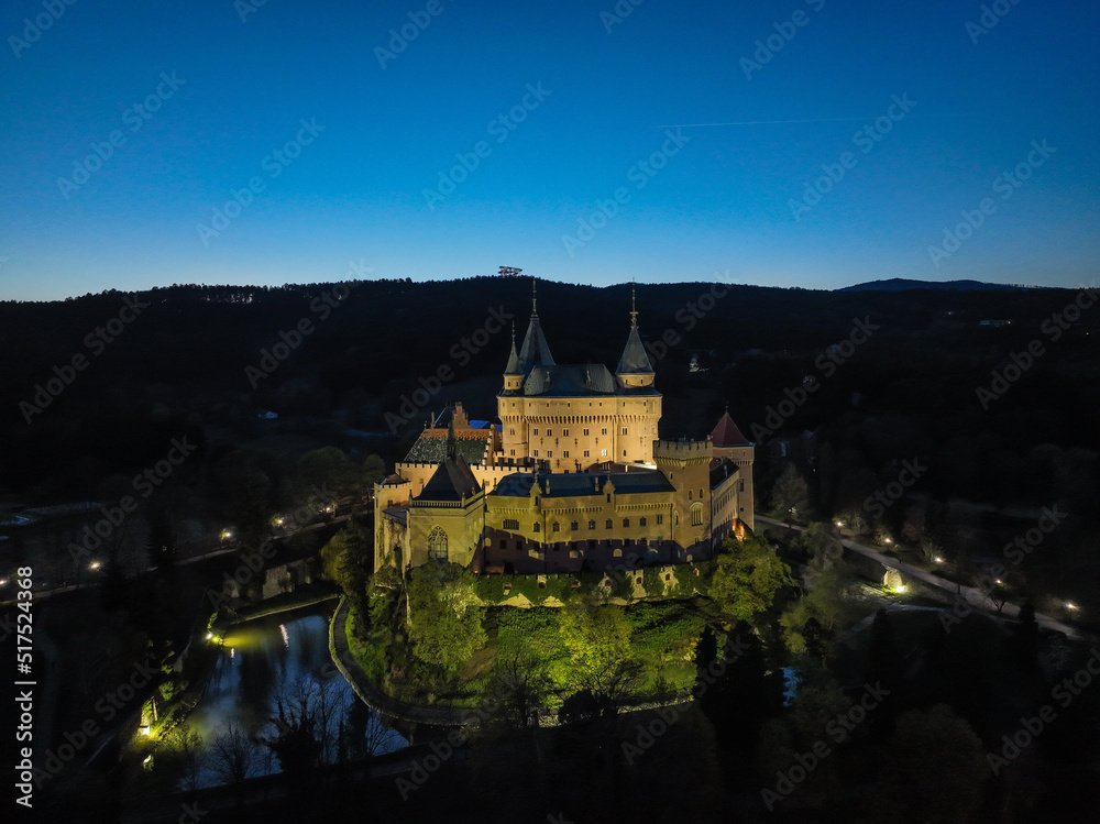 Aerial night view of Bojnice castle in Slovakia