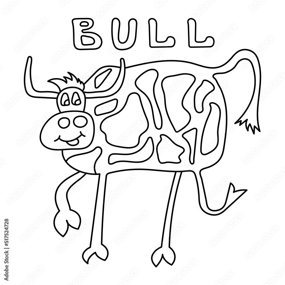 Obraz premium bull, black and white coloring book for kids, hand-drawn. For teaching and developing fine motor skills in children.