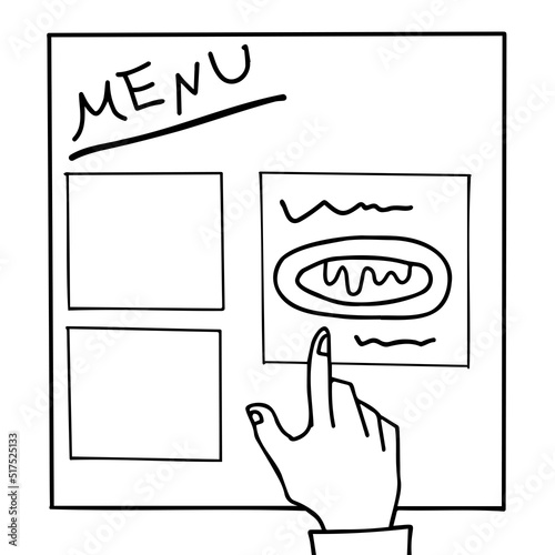 メニューを指差しして注文している線画イラスト
