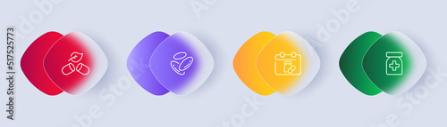 Medicine set icon. Pills, plate, capsule, dietary supplement, pill reminder, pharmacy, first aid kit, illness, hospital. Health care concept. Glassmorphism style. Vector line icon for Business