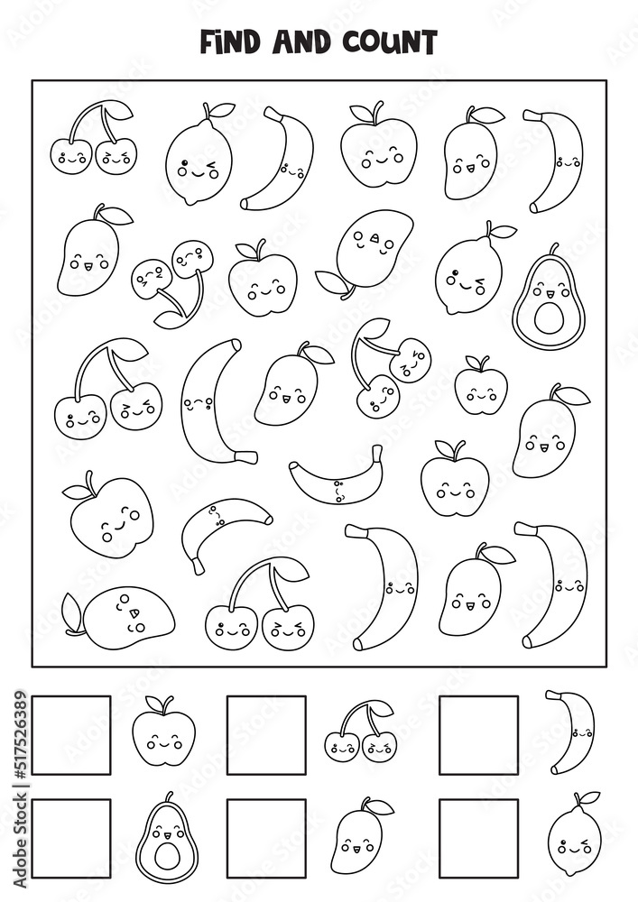 Counting game with cute fruits. Black and white worksheet. Counting game with cute fruits. Black and white worksheet.