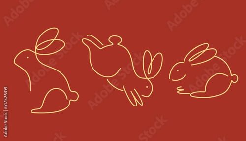 Chinese rabbit set. Golden traditional New Year zodiac animal, clouds and flowers, gold bunny silhouette on red background, 2023 Horoscope, decor elements. Asian lunar calendar, vector illustration