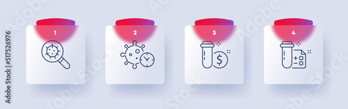 Laboratory set icon. Search, virus, bacterium, drug, test tube, anatomy, disease, prescription, list, payment, pharmacy, scientist. Glassmorphism style. Vector line icon for Business and Advertising