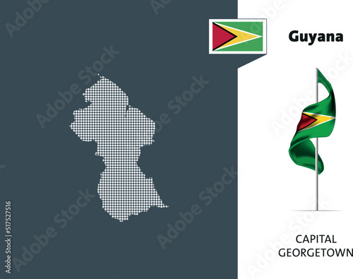 Flag of Guyana on white background. Dotted map of Guyana with Capital name - Georgetown.