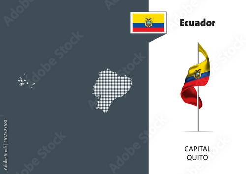 Flag of Ecuador on white background. Dotted map of Ecuador with Capital name - Quito.