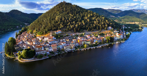 Most beautiful scenic Italian lakes - small picturesque lake Piediluco with colorful houses in Umbria, Terni province. Aerial panoramic view photo