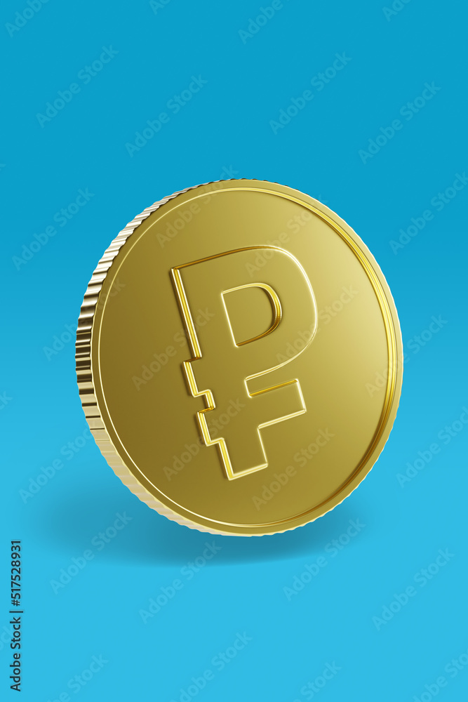 Golden coin with ruble sign isolated on blue background. 3d illustration.