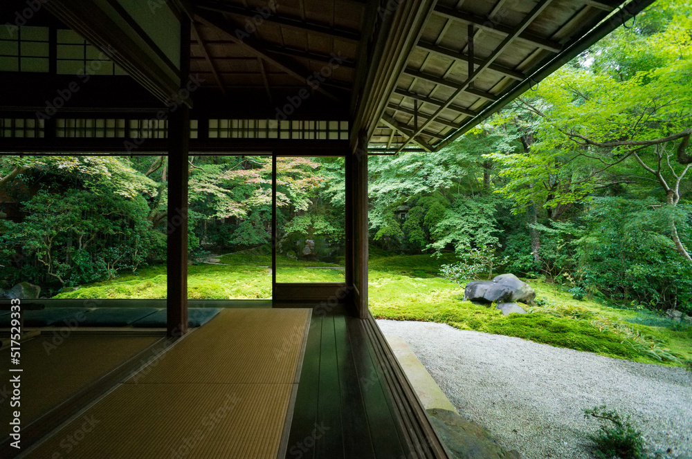 京都 瑠璃光院の和室から眺める美しい緑の庭園
