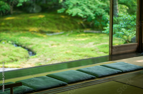 A beautiful garden seen from a Japanese-style room in Rurikoin, Kyoto, Japan photo