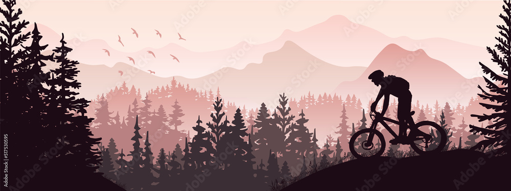 Fototapeta premium Silhouette of mountain bike rider in wild nature landscape. Mountains, forest in background. Magical misty nature. Pink and violet illustration.