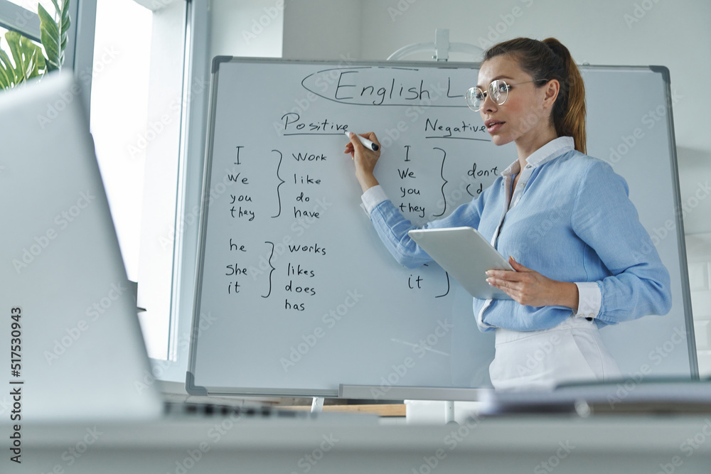 Confident female teacher pointing whiteboard while having web conference at the classroom