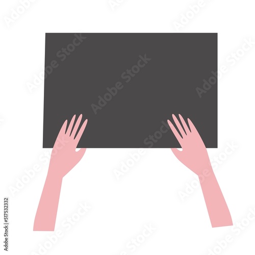 Hands holding a board with space for text, a sheet of paper with free space in cartoon hands
