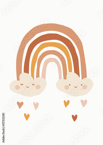 Hand Drawn Infantile Cute Rainbow and Smiling Clouds on a Neutral Background. Boho Style Kids Room Decoration. Vector Illustration Isolated. Ideal as Card, Invitation, Poster. 