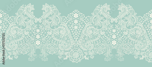 Two colors lace seamless pattern. Light damask wallpaper. Vintage lace border. Lace romantic decor. Tile background. Wedding romantic wallpaper.  Paisley wedding design. Indian decorative pattern