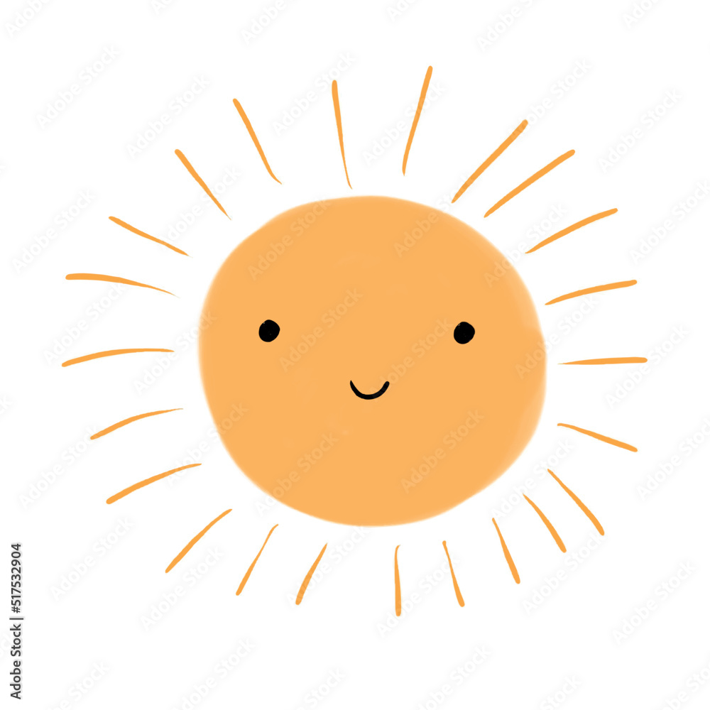 Cute Kawaii Style Nursery Vector Illustration with Big Yellow Sun on a White Background. Lovely Simple Print with Happy Smiling Sun ideal for Card, Wall Art, Poster, Decoration.