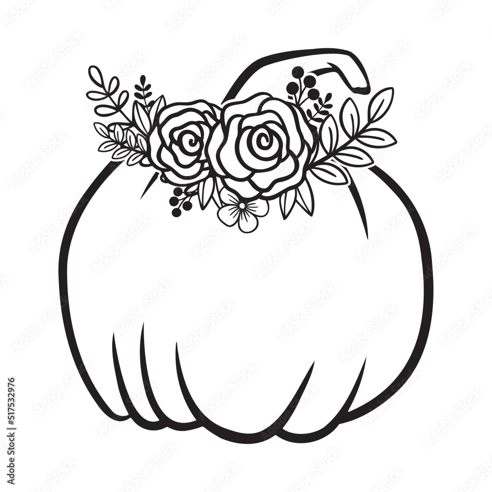 Pumpkin With Flower Monogram, Pumpkin - squash for Halloween or Thanksgiving line art icon	
