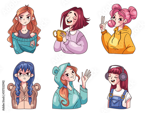 Anime girls with different emotions comic stickers isolated set. Vector graphic design cartoon illustration