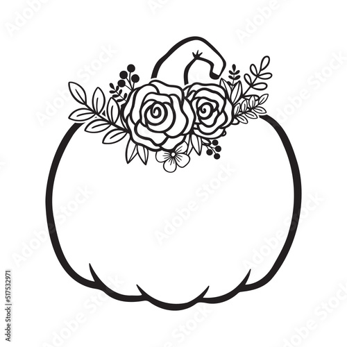 Pumpkin With Flower Monogram, Pumpkin - squash for Halloween or Thanksgiving line art icon 