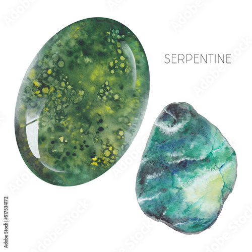 Watercolor serpentine gemstones. Green mineral stones. Healing crystals, zodiac stones, birthstones