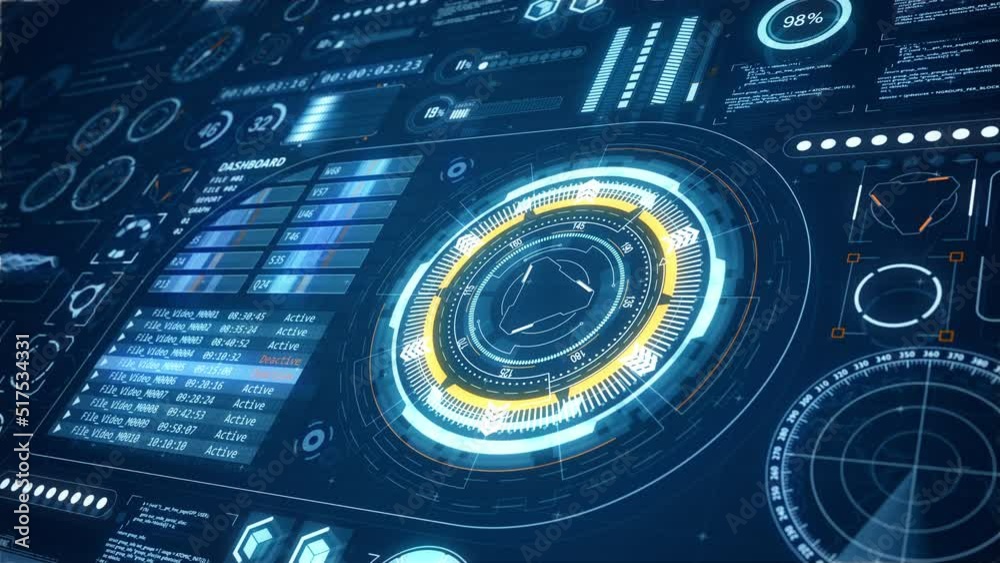 Motion graphic of 3D Head up display ( HUD UI ) technology interface screen with futuristic elements graph and chat panel abstract background