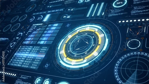 Motion graphic of 3D Head up display ( HUD UI ) technology interface screen with futuristic elements graph and chat panel abstract background