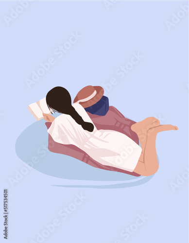 illustration of a girl, summer, a girl in a dress, a girl on the beach, reading a book