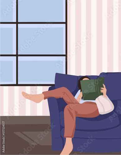 vector illustration of a girl who lies on a purple sofa in a bright room with a book in her hands