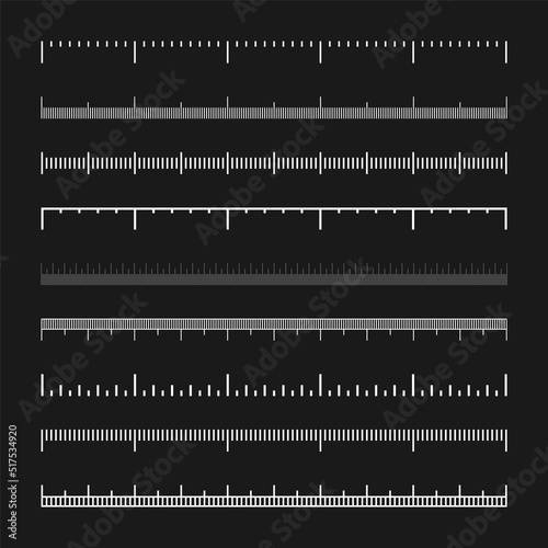 Various measurement scales with divisions. Realistic white scale for measuring length or height in centimeters, millimeters or inches. Ruler, tape measure marks, size indicators. Vector illustration