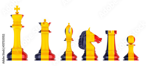 Chess figures with Romanian flag, 3D rendering