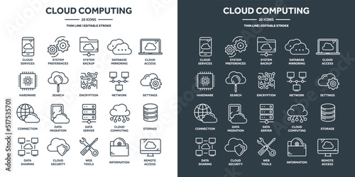 Cloud computing and internet technology, database remote access. Web hosting, online services data protection. Information security, data sharing and backup. Thin line icons set. Vector illustration