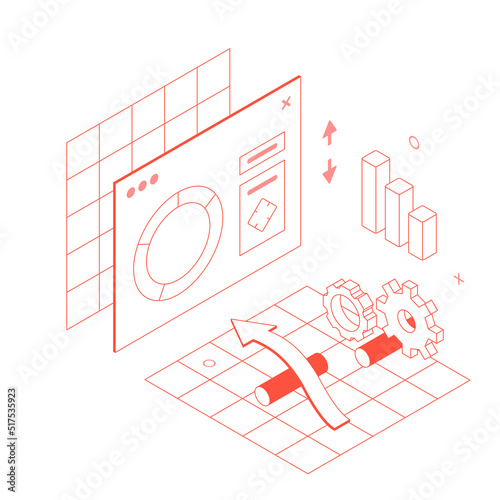 Ux, ui, website design, window, digital, app, presentation, infographic. Isometric vector illustration flat design isolated. Outline, linear style, line art, editable stroke.