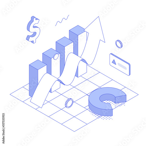 Money, chart, graph, diagram, presentation, spreadsheet, economy, finance, technology.Isometric vector illustration flat design isolated. Outline, linear style, line art, editable stroke.