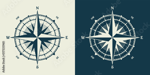 Vintage marine wind rose  nautical chart. Monochrome navigational compass with cardinal directions of North  East  South  West. Geographical position  cartography and navigation. Vector illustration.
