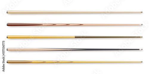 Various wooden billiard cues isolated on white background. Snooker sports equipment. Vintage pool cue. Active recreation and entertainment. Vector illustration
