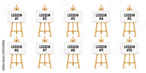 Realistic paint desk with text on white canvas. Wooden easel and a sheet of drawing paper. Presentation board on a tripod. Distance education, online courses and e-learning. Vector illustration