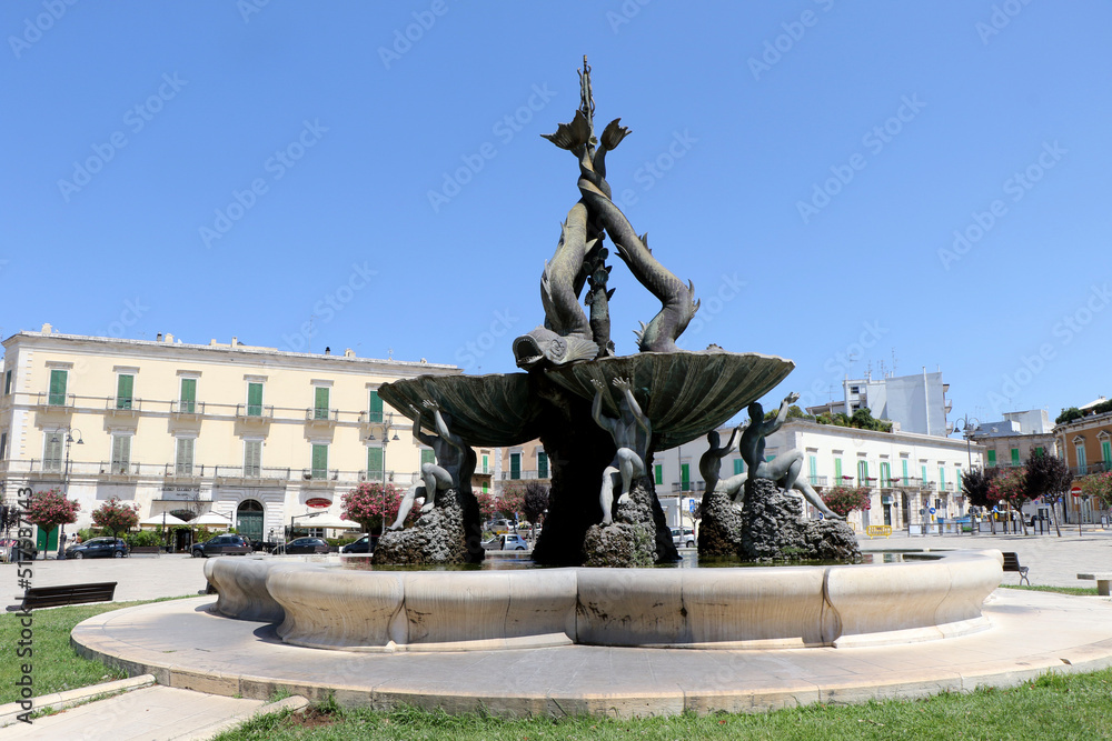 The Tritons Fountain in Vittorio Emanuele II square. Giovinazzo, Bari, Apulia, Italy