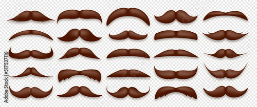 Various brown mustache collection. Vintage, retro mustaches. Facial hair, hipster beard. Vector illustration