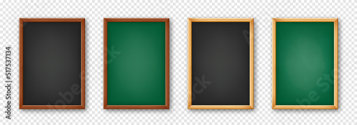 Realistic blank chalkboard in a wooden frame. School blackboard with traces of chalk, writing surface for text or drawing. Presentation board, online studying and e-learning. Vector illustration