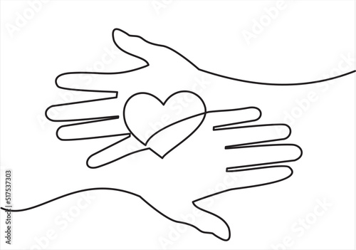 Continuous one line drawing of woman and man hands holding heart. Vector illustration