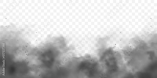 Black realistic smoke, dust clouds. Dirty polluted smog or fog with dirt particles. Air pollution, mist effect. Smoke from fire or explosion. Vector illustration
