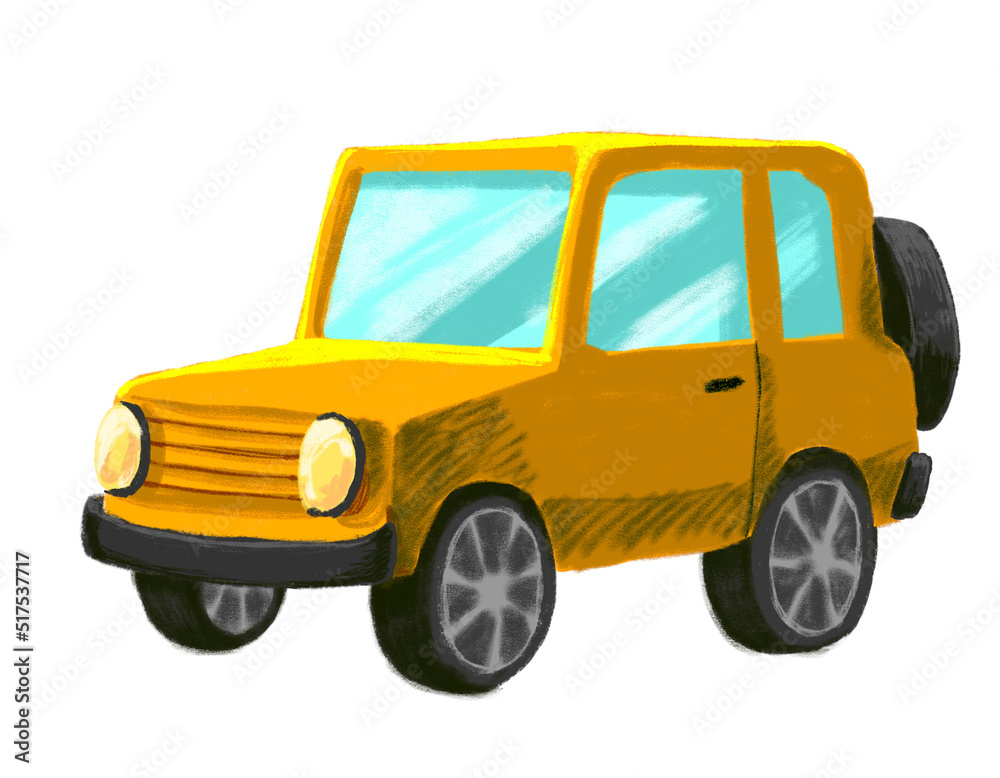 Advanture yellow car off road style cartoon drawing illustration art