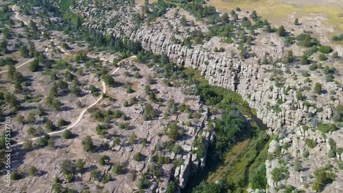 Aerial drone of rock formations at Castlewood Canyon State Park in Douglas County, Colorado
