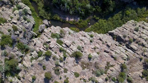 Aerial drone of rock formations at Castlewood Canyon State Park in Douglas County, Colorado