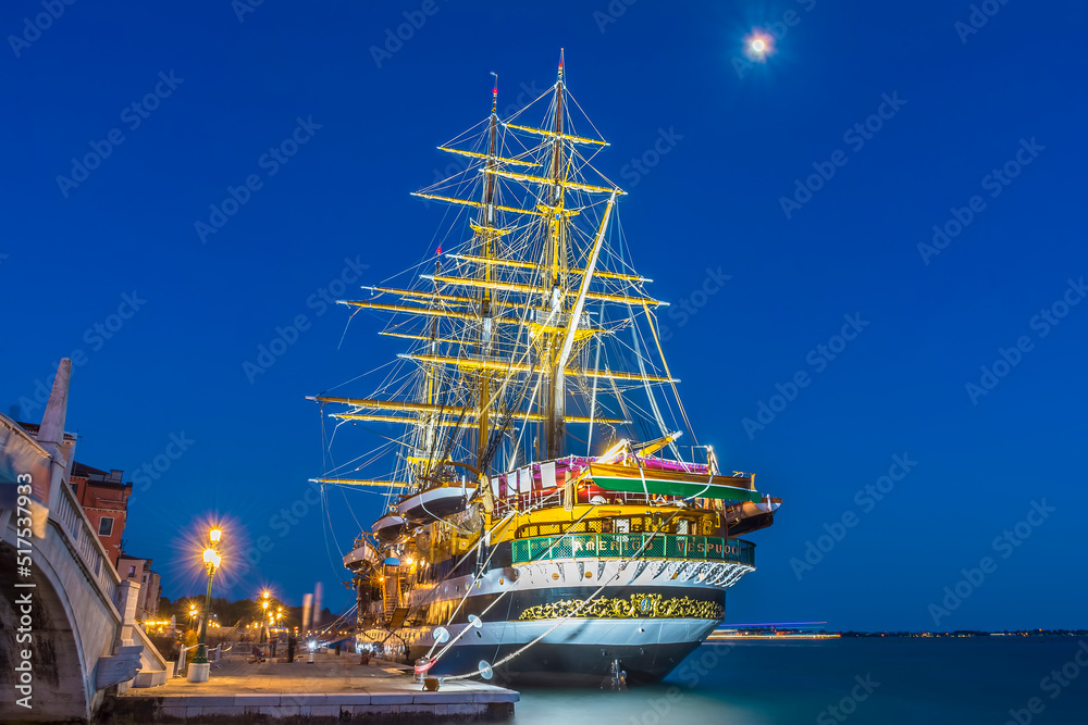 The famous Tall Ship Amerigo Vespucci in Venice, Italy at night The famous Tall Ship Amerigo Vespucci in Venice, Italy at night