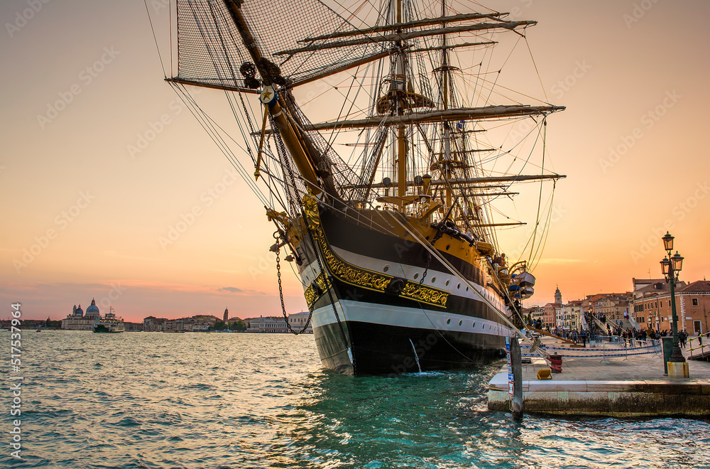 The famous tall ship Amerigo Vespucci in Venice, Italy during sunset